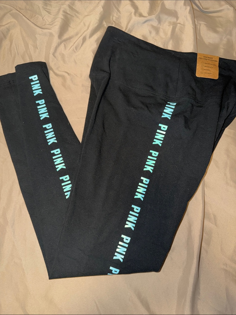 PINK Victoria's Secret Black Joggers with Teal Logo Stripe